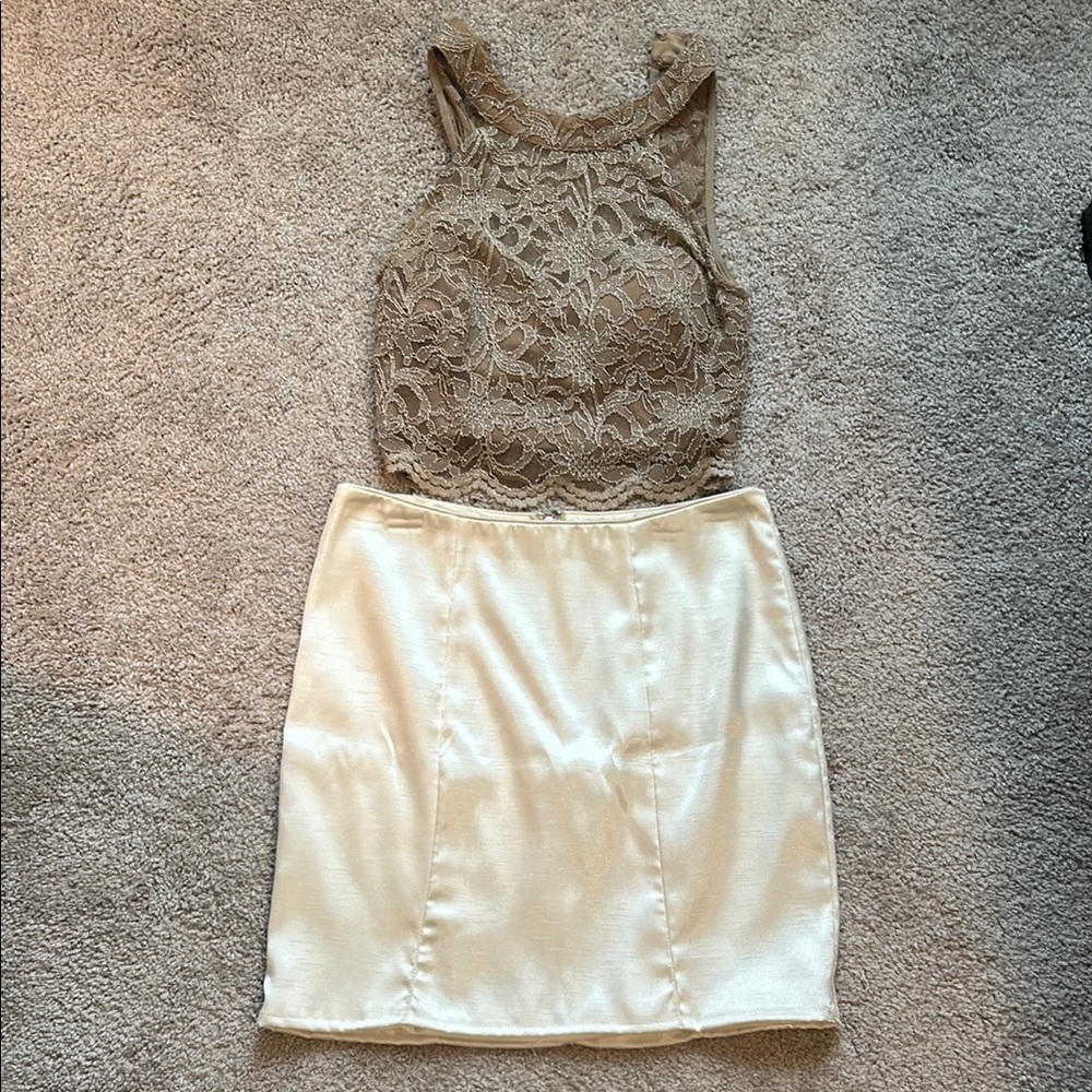 City Triangles Lace Overlay Dress in Tan and Cream